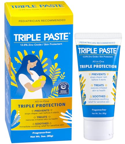 Triple Paste Diaper Rash Cream for Baby - 3 oz Tube – Zinc Oxide Ointment Treats, Soothes & Prevents Diaper Rash, Pediatrician-Recommended Hypoallergenic Formula, Baby Essentials for Daily & Overnight