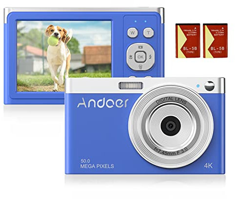 Andoer Digital Camera, 4K 50MP Compact Camera, 2.88 Photo Camera Auto Focus 16x Digital Zoom, Integrated Flash with 2 Batteries, Carrying Case, Wrist Strap for Adult/Seniors/Kids (Blue)