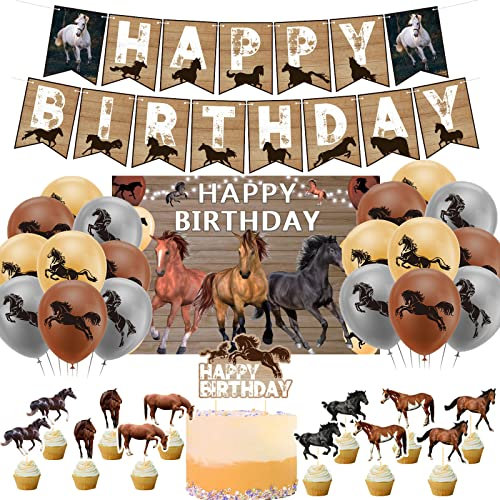 Pferd Geburtstagsparty Zubehör Set mit Pferd Thema Happy Birthday Banner Ballon Kuchen Topper Cupcake Topper Hintergrund für Pferde Party Dekoration