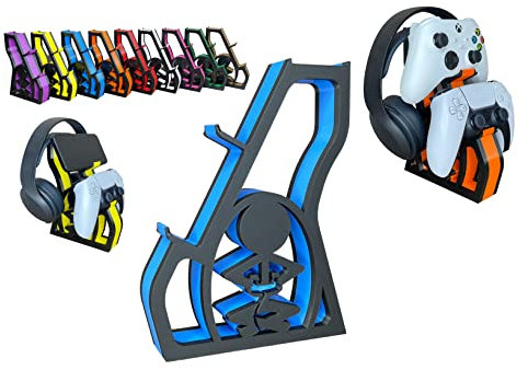 Universal Double Controller and headset desk top stand, fits Xbox, fits Playstation, fits Switch Pro, Gamer Premium Pro Design twin colour (BLUE AND BLACK)