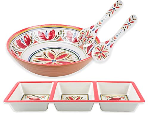 Mediterranean Melamine/Plastic Outdoor Dining Picnic/Campware 3-Section Tray, Salad Bowl & Servers Set