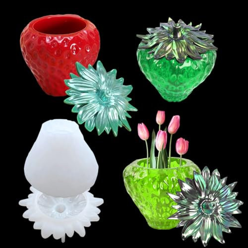 FineInno Gießformen Dose mit Deckel,Erdbeeren Silikonformen,Schale Epoxidharz Formen für Beton Gips Kerzenhalter Vorratsdosen Vase Resin Form