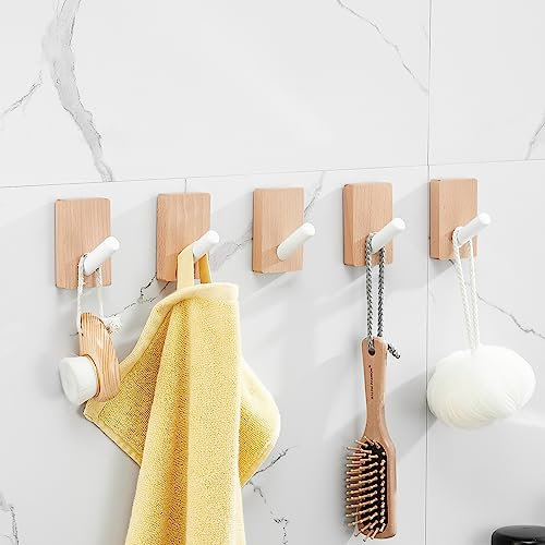 SARIHOSY Patères murales en bois et blanc, étagères en bois avec crochets adhésifs ultra résistants en bambou, boutons de manteau en bois blanc pour mur, crochets muraux en chêne