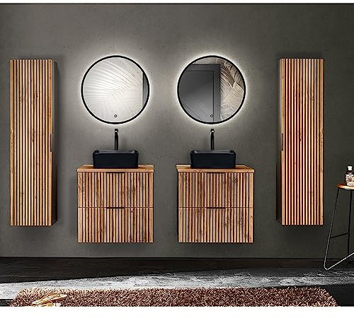 Lomadox Badmöbel Set 6-teilig 2 Waschtische Unterschrank 60 cm Keramik Waschbecken Spiegel rund Beleuchtung 2 Hochschränke anthrazit Eiche Nb. schwarz Rillenfront