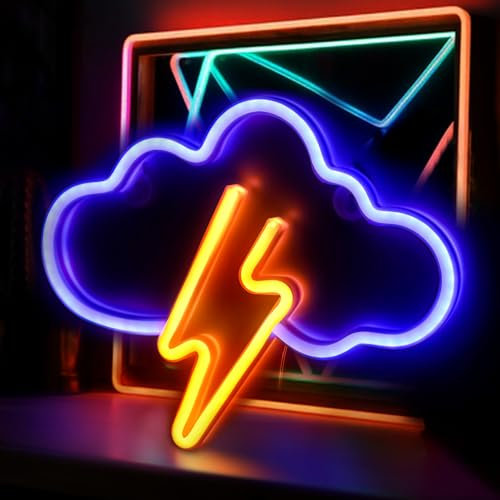 Neon Pared Nubes Azules Relámpago Amarillo, Luz Neon, Cartel Luminoso, Letrero LED, Neon LED, Cartel Neon, Gamer Decoracion, Luces Neon Habitacion, Accesorios Gaming (Alimentado por USB y Batería)