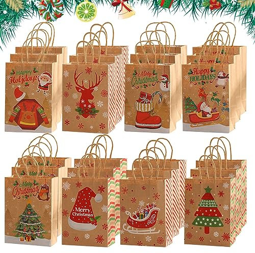 24 Stück Weihnachts Kraft Geschenktaschen,Geschenktüten Weihnachten,Weihnachtsgeschenktüten,Weihnachtsgeschenktüten Wiederverwendbar,Weihnachtspapiertüten mit Henkel (G)