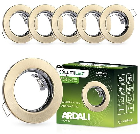 LUMILED 6x Einbaustrahler feste flach Spots für LED oder Halogen Einbauleuchten Einbaurahmen rund stahl Einbauspots Downlight Gold