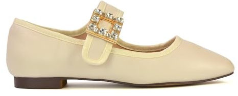 ESSEX GLAM Womens Flat Shoes Ladies Square Toe Diamante Buckle Strap Nude Synthetic Leather Mary Jane Flat Walking Dolly Pumps Size 8