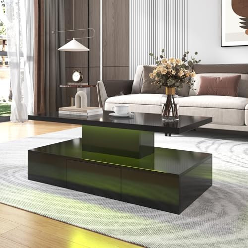 Merax LED Couchtisch Wohnzimmertisch mit Schubladen Hochglanz, Modern Beistelltisch Kaffeetisch mit Zwei Ablageebenen, Multifunktionaler Sofatisch Mitteltisch, 100 x 50 x 39 cm, Schwarz