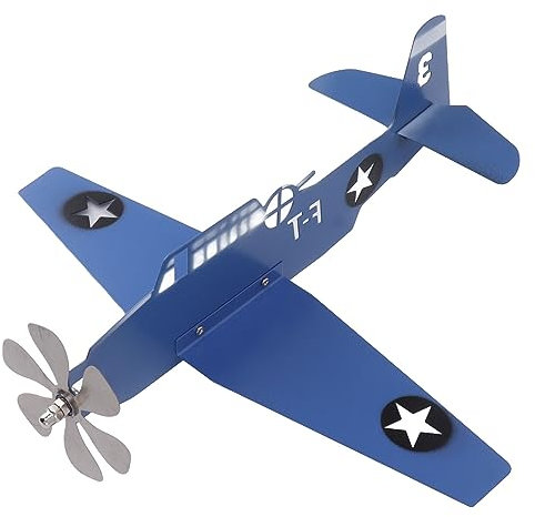 Tissting Flugzeug Wetterfahne 29cm Blaues Retro Kämpfer Windspiel mit Pfeilspitze und Doppelflügeln, Metall Deko Flugzeug Windmühle Für Garten, Terrasse, Rasen, Hof