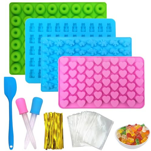 Gemtte Gummibärchen Form, 4 Stück Bonbon Formen Silikon mit 2 Pipetten, Silikonform Schokolade, Antihaft Bonbon Silikonform für Süßigkeiten, Gelee, Schokolade