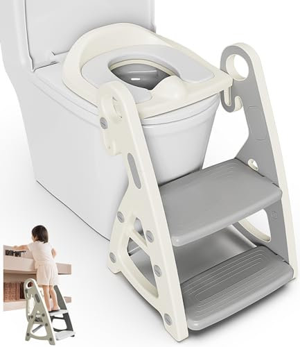 Reducteur Toilette Enfant, 2 en 1 Rehausseur Toilette & Marche Pied Enfant, Pliable et Hauteur Réglable, Adaptateur Toilette Enfant avec Coussin, Anti-éclaboussures et Antidérapant