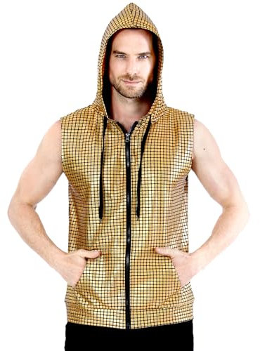 COSAVOROCK Herren 70er Jahre Disco Kostüm Metallic Hemd Pailletten Weste Hässliche Glänzend Bronzing Hoodie Gold M