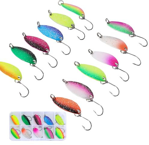 12 Pièces Cuillères à Truite, Pêche Leurres à Truite, Spoons Truite, Leurres de Pêche Cuillers avec Boîte, pour la Capture de Perches et de Truites