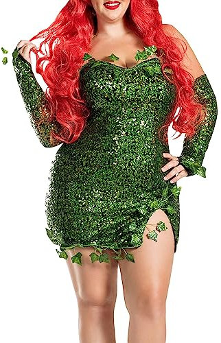 Qianderer Disfraz de hiedra venenosa verde para Halloween, disfraz de hojas falsas y lentejuelas con guantes y diadema para mujer (verde, L)