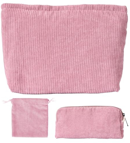3 Stück Kosmetiktasche Reise - Kordsamt Multifunktionale Waschtasche, Lächeln Taschen, Kleine Kulturtasche, Tragbare Make-up Tasche Rosa