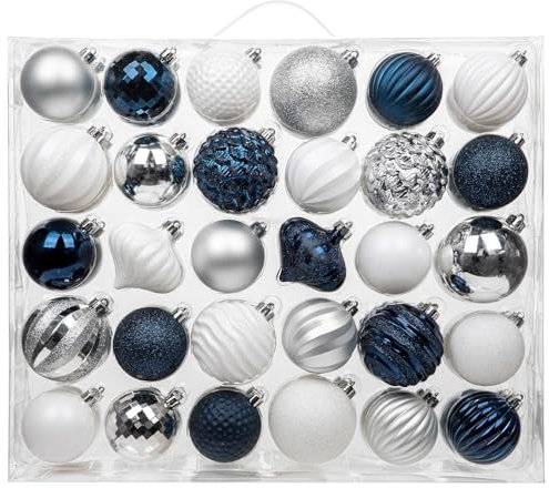 Oairse 60 Pcs Christmas Baubles Set - White and Blue Tree Decorations, Shatterproof Ball Ornaments for Xmas Home, Winter Wedding, Holiday Party Decor