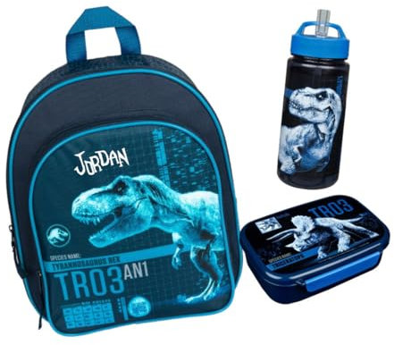 Kindergartenrucksack Dinosaurier Junge mit Brotzeitdose Trinkflasche - Personalisiert mit Name - Set Kinderrucksack Dino TRex mit Brotdose Trinkbecher