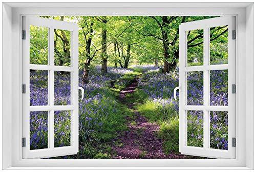 Wallario Glasbild 60 x 90 cm mit Fensterrahmen mit Fenster-Illusion: Blaues Hasenglöckchen im Wald - Wandbild mit freischwebender Optik