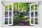 Wallario Glasbild 60 x 90 cm mit Fensterrahmen mit Fenster-Illusion: Blaues Hasenglöckchen im Wald - Wandbild mit freischwebender Optik