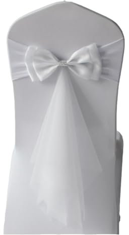 Rockreyoa Stuhlschärpen Satin Stuhlschleife mit Tüll Organza Stuhl Rücken Schleife Stuhl Bogen Satinschleife Stuhlbezug für Hochzeit Party Fest Bankett Restaurant Veranstaltung Weiß 2 Stück