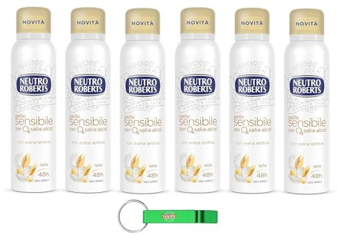 6x Neutro Roberts Deodorante Spray Avena,Deospray für Empfindliche Haut mit Hafer und Milch,Wirksam 48 Stunden Ohne Salze und Alkohol - 150ml + Beni Culinari Kostenloser Schlüsselanhänger