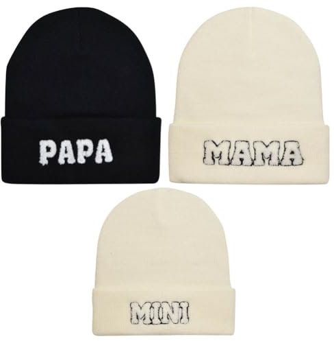 Besforta Eltern-Kind-Mütze, Motiv: Mama Papa, Mini-Stickerei, Strickmütze, Winter, warme Bündchen, passende Familienmütze