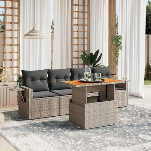 Homgoday 5-TLG. Gartenlounge Set Gartenmöbel Loungemöbel Gartensofa Lounge Balkonmobelset Terrassenmöbel Ecksofa Modular Sofa Sitzgruppe mit Tisch Höhenverstellbar Grau Poly Rattan