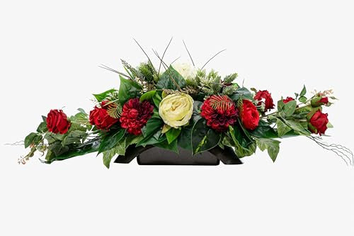 Generisch Grabaufleger aus künstlichen Textil Seidenblumen Rosen länglich 80cm groß XXL Friedhofsgesteck für Totensonntag Beerdigung wie Echt (Rot)