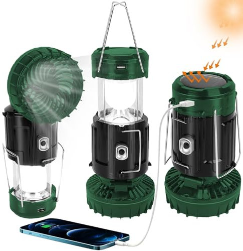 BUGPASS Solar Camping Lanterns with Fan, Collapsible Lightweight Camping Lantern, Rechargeable LED Lanterns Camping Fans for Camping Tent Hurricanes Power Outages Storm Indoor Outdoor, Green