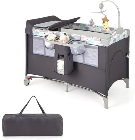 COSTWAY 5 in 1 Travel Cot, Folding Baby Playard with Bassinet, Mattress, Music Box, Hanging Toys, Storage Rack and Carry Bag, Lightweight Crib Suitable from Birth to 15kg (Grey)