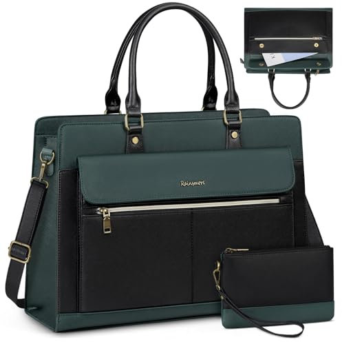 RAINSMORE Laptop Bags Handbags for Women 15.6 Inch PU Leather Large Tote Bag Work Bag with Clutch Bag Designer Women's Bags Ladies Laptop Handbag for School Green