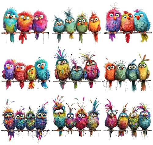 GudaAphrmix 9 x lustige bunte Vögel Vinyl-Aufkleber auf Ast, einfach abziehen und aufkleben, Aquarell-Muster, niedliche Vögel, Vinyl-Wandaufkleber für Frauen, Studenten, Mädchen, Jungen, Zimmer,