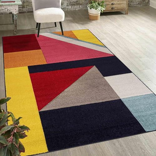 Mazovia Teppich Bunt - Moderner bunter Kurzflor-Teppich mit geometrischem Muster, weich & pflegeleicht, für Wohnzimmer, ÖKO-TEX Zertifiziert - Marineblau Rot 120 x 170 cm
