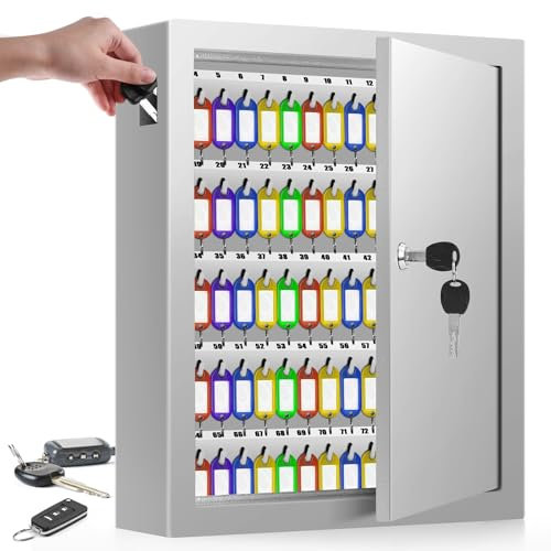 Schlüsselkasten Schlüsselschrank mit 125 Haken und Anti-Diebstahl-Schlüsselsteckplatz, Wandmontierter Schlüsseltresor mit beschriftbare Schlüsselanhänger, Schlüsselsafe für das Zuhause, Schulen, weiß