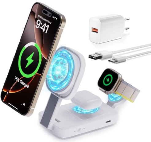 COCIVIVRE 3 in 1 Faltbar Magsafe Ladestation kompatibel mit iPhone 16 Pro Max/16/15/14/13/12, Ladestation für Apple Watch und iPhone, Kabelloses Ladegerät für Apple Watch 10/9/8/7/AirPods Pro/4/3/2