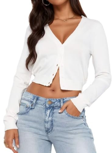 LACOZY Cable Knit Sweater Women Button Down Cropped Bolero Sweaters Basic Crew Neck Solid Fall Sweater Cardigan White L