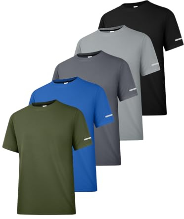 HIBETY Men's 5 Pack UPF 50+ Sun Protection Rash Guard, Lightweight Quick Dry Fishing Athletic T-Shirts 5P03-Black/Grey/Deep Grey/Blue/Army Green-XL