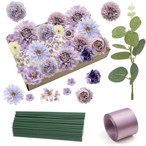 Scettar 46-Piece Purple Artificial Flowers Set, Silk & Plastic, Multiple Sizes, Plant, Multiple Styles, Artificial Flowers Set, Wedding & Party Decoration