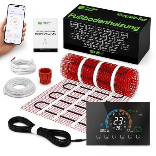Elektrische Fußbodenheizung 150 W/m² – Heizmatte Komplettset mit WLAN-Thermostat, Fußbodenheizmatte für Fliesen, Steinzeug, Steinböden – 6m²
