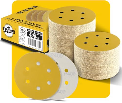 100PCS 150mm 400 Grit 6 inch 6 Hole Sanding Discs Sandpaper - Premium Gold Round Hook and Loop for Random Orbital Sander - Ideal for Wood, Metal, Automotive