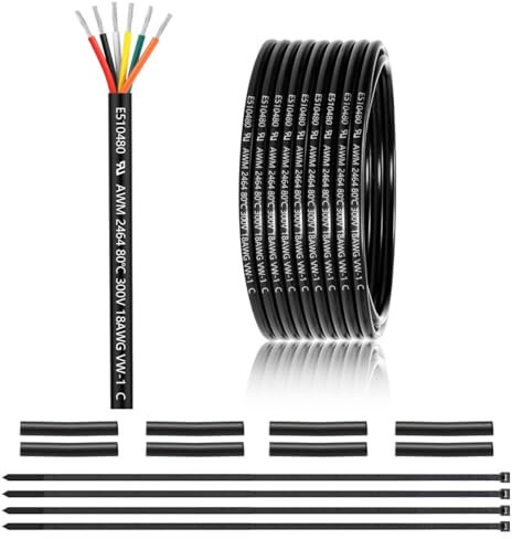 Cable de 6 núcleos de 18 AWG 6 x 0,75 mm² de 7,62 metros, 18 AWG 6 hilos de cobre estañado, PVC 18 AWG 6 hilos para CC 5 V/12 V/24 V, iluminación LED, cable de extensión, para coche, etc