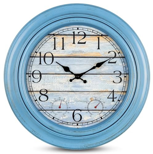 eYotto 18-Zoll Großer Innen-/Außenwasserdichter Wanduhr mit Thermometer & Hygrometer, batteriebetrieben & geräuschlos für Terrasse, Pool, Garten, Badezimmer Strandhaus – Dekorativ, Oversize-Blau
