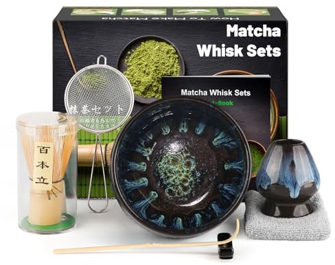 7 Pièces Matcha kit ceremonie japonais, Fouet matcha en bambo, bol matcha, Pelle en bambo, Porte-Fouet, kit matcha complet, Coffret matcha, Tamis, serviette à thé, Bol bleu