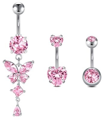 Briana Williams 3stk 14G Bauchnabelpiercing 10mm Silber Edelstahl Bauchnabel Ring Rosa Schmetterling Herz CZ Piercing Schmuck für Frauen und Männer