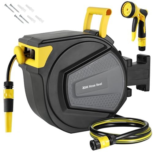 Schlauchtrommel mit Gartenschlauch 30m, Schlauchaufroller zur Wandmontage, 180° Schwenkbar & Automatische Aufrollung, Wand Schlauchbox inkl. 9-Funktionen Handbrause, für Bewässerung, Autowäsche
