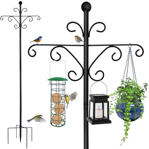 Bird Feeders Hanging Station, 196cm Bird Feeder Pole and Hangers Heavy Duty Metal Bird Feeding Station Stand, Freestanding Bird Feeders Shepherds Crook Hook for Lanterns, Light, Wild Bird Feeder
