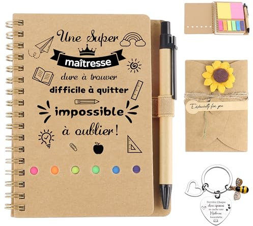 Merclix Idee Cadeau Maitresse d'École Fin d'Année Noel Retraite Anniversaire Merci Carte Porte Clef Stylo Carnet Maitresse d'École Cadeau Maîtresse Professeur Prof Institutrice Atsem Maitre