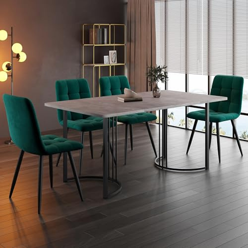 Gegtuon Esstisch mit 4 Stühlen 140x80 cm für 4 Personen, 5 teilig Tisch Wohnzimmertisch Grau mit Schwarz Tischbeine, Modern Küchentisch Rechteckig Essgruppe für Küche Esszimmer, Samt, Dunkelgrün