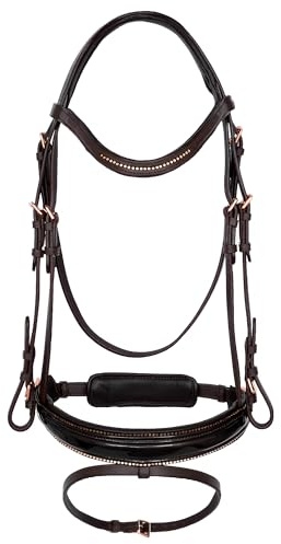 EQUESTRIAN QUEEN Trensenzaum anatomisch – Lackleder Strass Reitzaum mit weich gepolstertem Nasenriemen – Leder Zaumzeug für Warmblut – Elegantes Design - Orion (Braun, Cob (Vollblut))